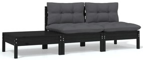 806686 vidaXL Градински комплект от 3 части, с възглавници, черен, бор масив