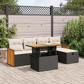 3328148 vidaXL Градински диван с възглавници, 6 части, черен, полиратан