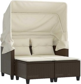 365782 vidaXL 2-местен градински диван със сенник и табуретки кафяв полиратан