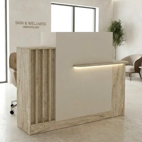 Dayana TopMebel меламиново бюро за рецепция с LED в цвят травертин - пясъчник 150x85.2x120cm.