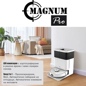 Прахосмукачка робот Magnum PRO, 55W, 10000 Pa, 0.3 л, 130 мин, Wi-Fi, LDS, Гласови известия, Автоматична станция за вода и самопочистване, HEPA, Бял
