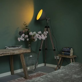 Индустриална подова лампа на дървен триножник с сива абажура - Laos