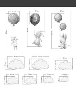 Детски стикер за стена за малко момиче Весели зайчета с розови балони 80 x 76 cm