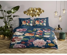 Тъмносиньо единично удължено спално бельо от памучен сатен 140x220 cm Fiori – Descanso