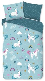 Синьо единично удължено фланелено детско спално бельо 140x220 cm Snowycorn – Good Morning