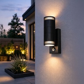 Външна стенна лампа черна с датчик за движение 2-светлина - Борис