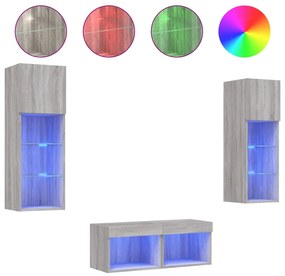 3216581 vidaXL ТВ стенни шкафове, 4 части, с LED светлини, сив сонома