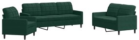 3278353 vidaXL Комплект дивани от 3 части с възглавници, тъмнозелен, кадифе