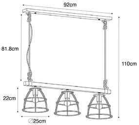 Индустриална висяща лампа дърво с тъмно сива 3-светлина - Arthur