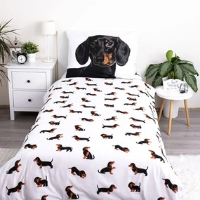 Черно-бяло единично памучно детско спално бельо 140x200 cm Dachshund – Jerry Fabrics