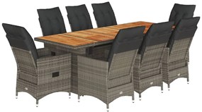 3277237 vidaXL Градински бистро комплект с възглавници 9 части сив полиратан