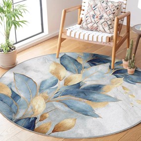 Синьо-златист кръгъл килим подходящ за пране ø 120 cm Golden Leaves – Mila Home