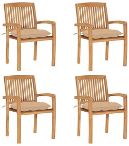 3073258 vidaXL Стифиращи градински столове с възглавници 4 бр тик масив