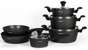 Комплект тенджери и тигани Royalty Line FD10, 10 части, Лят алуминий, Greblon мраморно покритие, Индукция, Черен