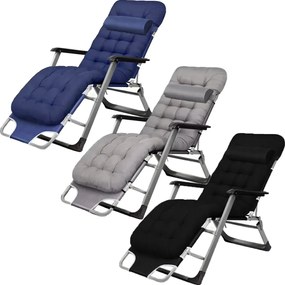 Градински шезлонг със сива рамка и възглавница Черен