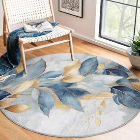 Синьо-златист кръгъл килим подходящ за пране ø 120 cm Golden Leaves – Mila Home