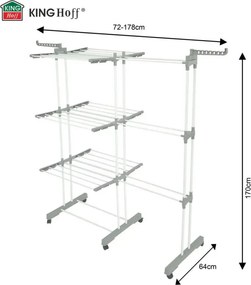 Сушилник за дрехи Kinghoff KH 2044, 30 м, До 30 кг, 3 нива, Колелца, Стомана, Бял/сив