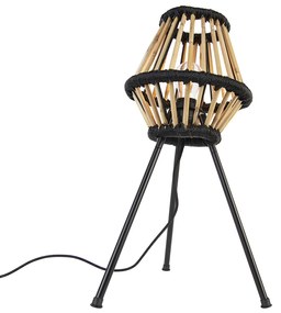 Рустикална триножна настолна лампа бамбук с черно - Evalin