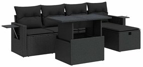3327845 vidaXL Градински диван с възглавници, 6 части, черен, полиратан