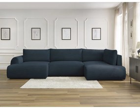 Тъмносин разтегателен ъглов диван от рипсено кадифе (ляв ъгъл/"U" форма) Lucien – Bobochic Paris