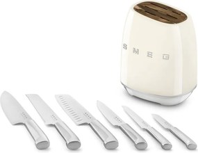 Комплект ножове със стойка SMEG KBSF02CR, 7 части, Слотове от акациево дърво, Немска неръждаема стомана, Крема