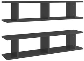 807204 vidaXL Стенни рафтове, 2 бр, сив гланц, 90x18x20 см, инженерно дърво