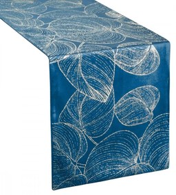 Кадифена централна покривка с принт на лъскави сини листа Широчина: 35 см | Дължина: 180 см