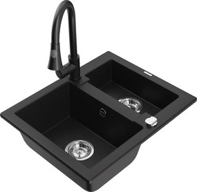Mexen Carlos кухненска мивка от гранит 1,5-коморна с кухненски смесител Elia, черен - 6518-77-670101-70
