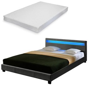 Съвременно тапицирано двойно легло с LED осветление - 140 x 200 с матрак