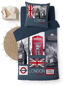 Тъмносиньо единично памучно спално бельо 140x200 cm City London – douceur d'intérieur