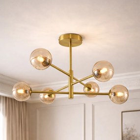 Модерна таванна лампа месинг с кехлибарено стъкло 6 светлини - Ryan