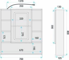 Шкаф с огледало и LED осветление Rea Luna 70x80cm