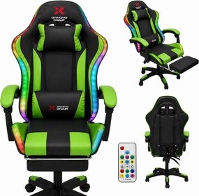 Xgaming LED геймърски стол с поставка за крака – черно-зелен
