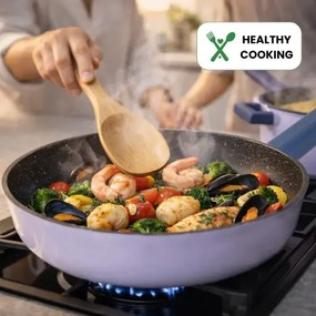 Комплект съдове за готвене Just Perfecto JL-330, 6 части, Мраморно покритие, Индукция, Стъклен капак с отвор за пара, Лилав/син