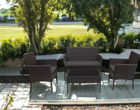 Елегантен комплект градински дивани от ратан с маса в кафяво