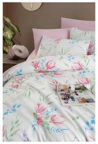 Бяло и розово удължено спално бельо от четири части за двойно легло с чаршаф 200x220 cm Leaves – Mila Home