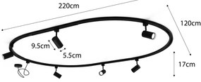 Модерна релсова система за осветление с 8 черни прожектора, 1-фазна, овална, 200см - Iconic Jeana
