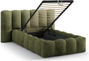 Зелено единично легло 90x200 cm тапицирано с място за съхранение с включена подматрачна рамка Lupine – Micadoni