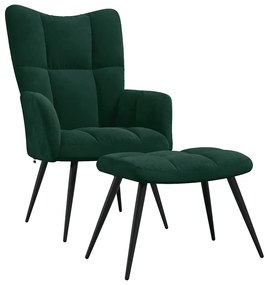 328086 vidaXL Стол за релакс с табуретка, тъмнозелен, кадифе