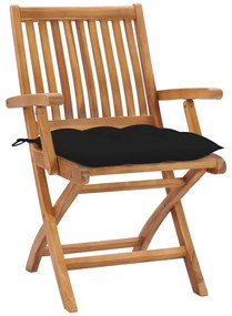 3062428 vidaXL Градински столове, 2 бр, черни възглавници, тиково дърво масив