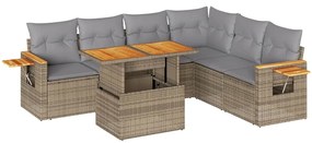 3327608 vidaXL Градински диван с възглавници, 7 части, бежов полиратан акация