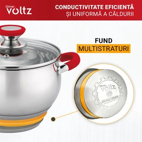 Втора ръка: Тенджера Oliver Voltz OV51210N18, 18см, 2.5 л, Индукция, Силиконови дръжки, Инокс/червен