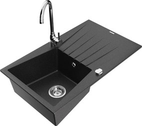 Mexen Cesar кухненска мивка от гранит с 1 отделение с отцедник и кухненски кран Telma, черно/сребърно - 6514-73-670200-00
