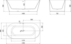 Mexen Oval Slim свободно стояща вана срещу стена 170 x 80 см, бяла, преливник златист четков - 52661708000-55