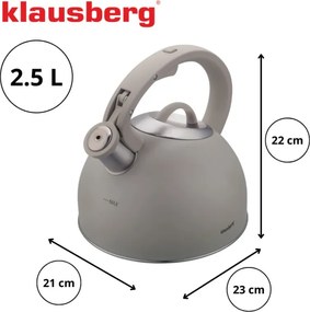 Свирещ чайник Klausberg KB 7912, 2.5 л, Дръжка с дървесен ефект, Индукция, Светлосив