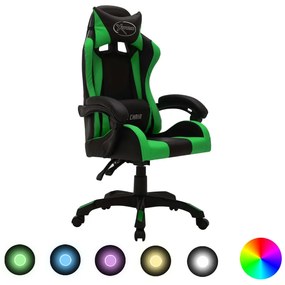 287999 vidaXL Геймърски стол RGB LED осветление зелено/черно изкуствена кожа