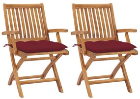 3062430 vidaXL Градински столове 2 бр виненочервени възглавници тик масив