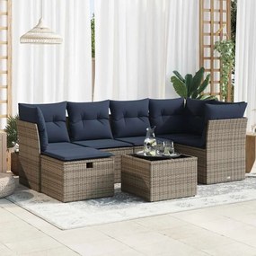 3325297 vidaXL Градински диван с възглавници, 7 части, полиратан, сив