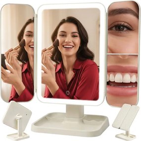 Козметично огледало Soulima с LED осветление, увеличителна функция и възможност за сгъване, 4 в 1 за грим, бяло