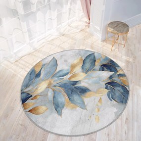 Синьо-златист кръгъл килим подходящ за пране ø 120 cm Golden Leaves – Mila Home